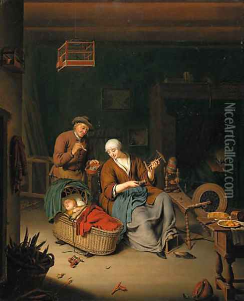 A peasant family in a cottage interior Oil Painting - Willem van Mieris