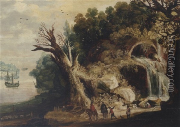 A Mountainous River Landscape With Travellers On A Track By A Waterfall Oil Painting - Joos de Momper the Younger