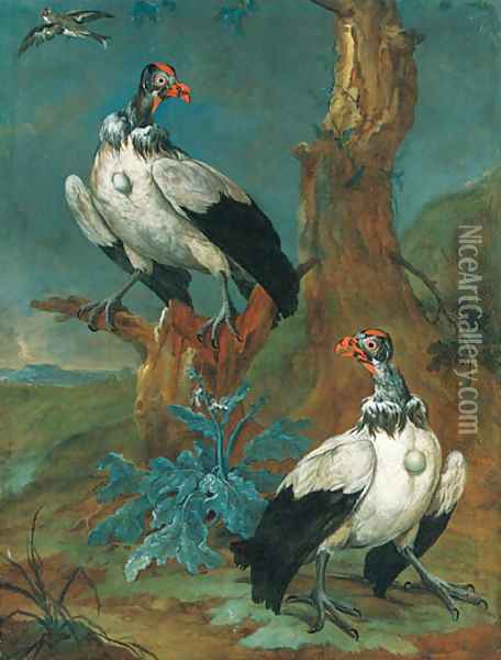 Two vultures by a tree in an extensive landscape, and another bird in flight Oil Painting - Ferdinand Phillip de Hamilton