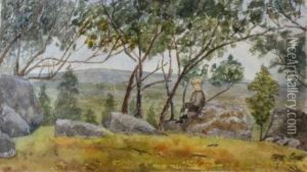 Boy Sitting On Rock In Theharkaway Landscape Oil Painting - Emma Minnie Boyd
