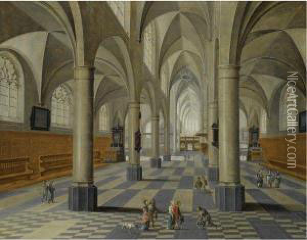 The Interior Of A Cathedral With An Elegant Company Being Greeted By Another Gentleman Oil Painting - Pieter Neefs The Elder, Frans The Younger Francken