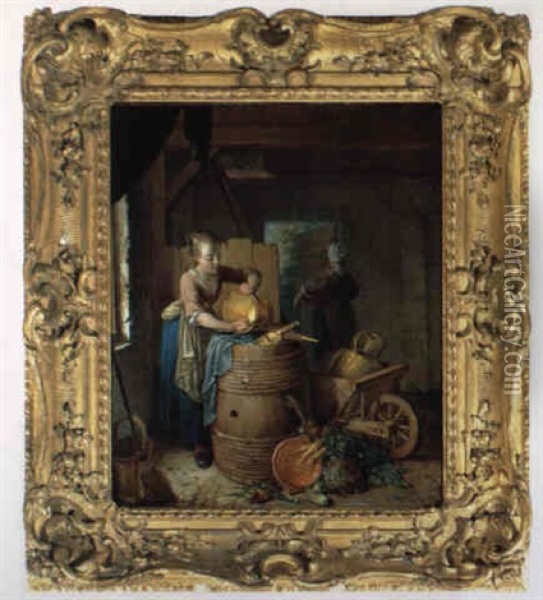 Kuchenmagd Beim Reinigen Von Geschirr In Einer Scheune Oil Painting - Willem Joseph Laquy