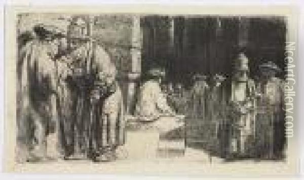 Jews In The Synagogue<</b> Oil Painting - Rembrandt Van Rijn