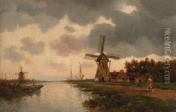 Windmills Along A River Oil Painting - Hermanus Jr. Koekkoek