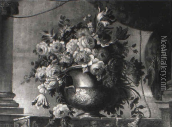 Flowers In An Urn On A Sculpted Ledge Oil Painting - Jean-Baptiste Monnoyer
