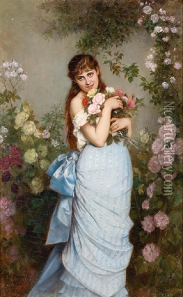 A Special Bunch Of Roses Oil Painting - Auguste Toulmouche