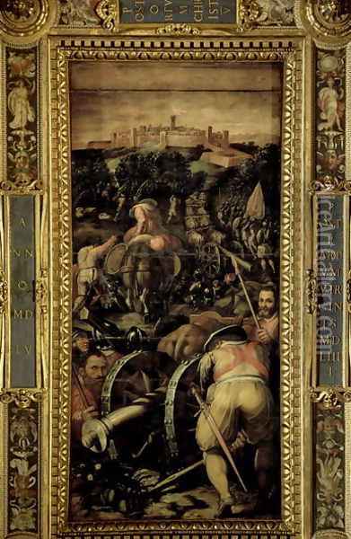 The Capture of Monteriggioni from the ceiling of the Salone dei Cinquecento, 1565 Oil Painting - Giorgio Vasari