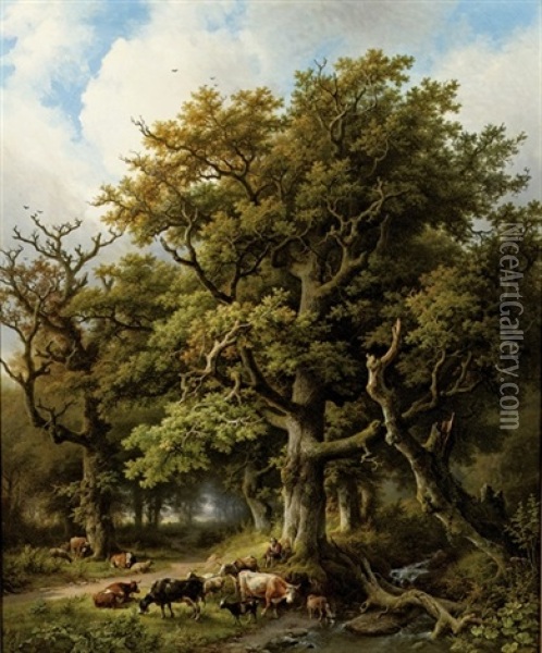 A Wooded Landscape With A Herdsman And His Cattle Resting Under An Oak Tree Oil Painting - Barend Cornelis Koekkoek