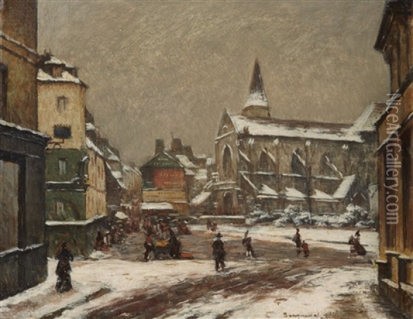 Place De L'eglise Enneigee (saint Leu A Amiens) Oil Painting - Louis Braquaval