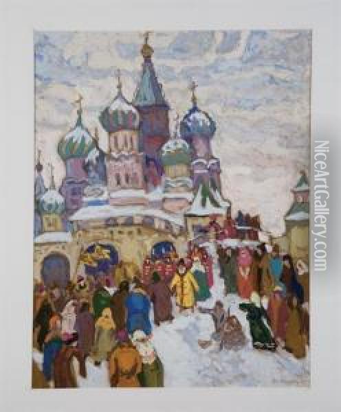 Winter Scene With Figures Before A Cathedral Oil Painting - Moissey Kogan