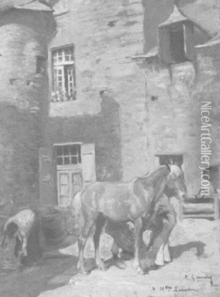 In Einem Schloshof Beschlagt Der Hufschied Ein Pferd Oil Painting - Adolphe Ernest Gumery