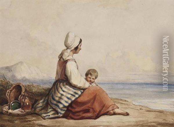 Peasant Girl With Boy By The Sea Oil Painting - Robinson Elliot