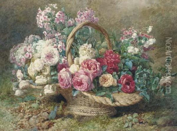 A Basket Of Roses And Hydrangeas On A Mossy Bank Oil Painting - Francois Rivoire
