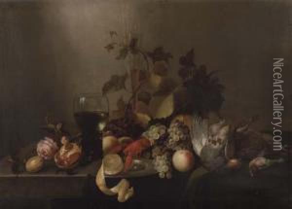 A Rose, A Pomegranate, A Glass 
Flute, Grapes, A Partly Peeled Lemonon A Silver Plate, A Roemer, A 
Lobster, Peaches, A Pheasant Andother Birds On A Partly-draped Table Oil Painting - Michiel Simons