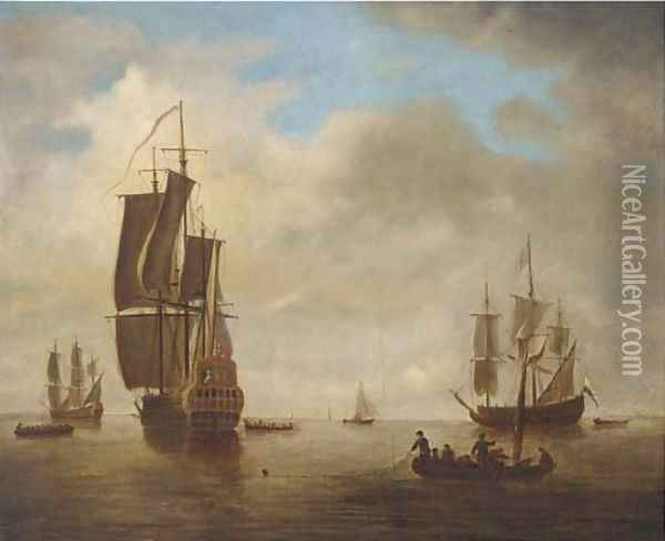 English and Dutch flagships awaiting a breeze Oil Painting - Peter Monamy