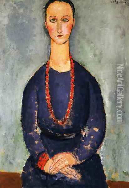 Woman in a Red Necklace Oil Painting - Amedeo Modigliani