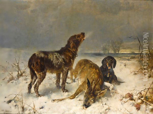 Two Hunting Dogs With Their Catch Oil Painting - Friedrich Otto Gebler