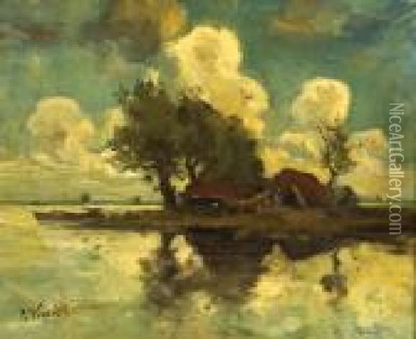 Landscape With Farms By Thewaterside Oil Painting - Theophile Emile Achille De Bock