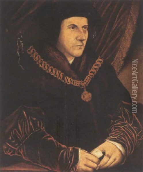 Portrait Of Sir Thomas More Wearing Fur-edged Robes, Holding A Scroll Oil Painting - Hans Holbein the Younger
