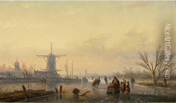 Figures On A Frozen Waterway Oil Painting - Jan Jacob Coenraad Spohler