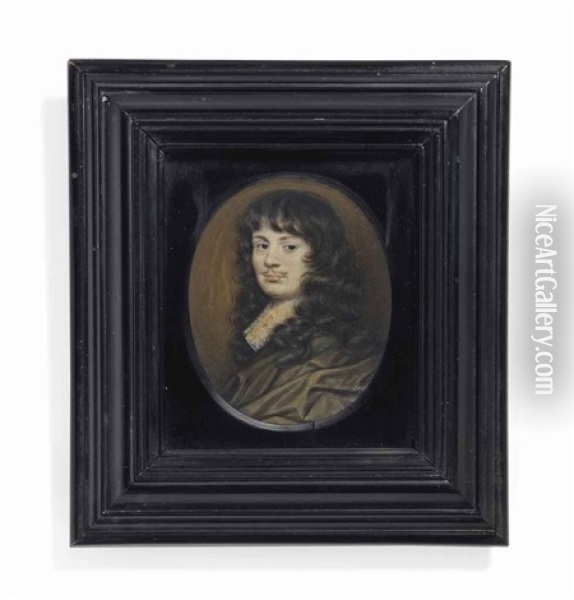 Sir William Temple, 1st Baronet (1628-1699), Wearing A Brown Cloak And White Lawn Collar, With Curled Hair And Moustache Oil Painting - Richard Gibson