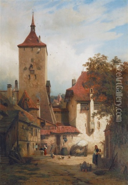 At The Fountain Near The Town Gate Oil Painting - August Eduard Schliecker