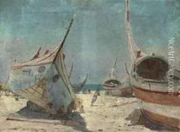 Fishermen Sheltering At Their Boats, Espinho, Portugal Oil Painting - Henri Van Melle