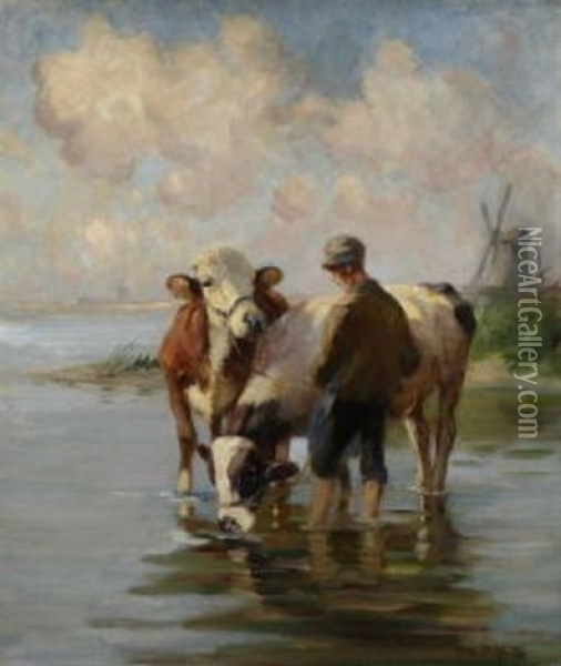 Hutejunge Mit Zwei Rindern An Der Tranke Oil Painting - Johann Daniel Holz
