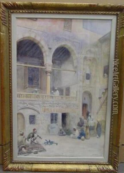 Snake Charmers In A Courtyard, Cairo Oil Painting - Frans Wilhelm Odelmark