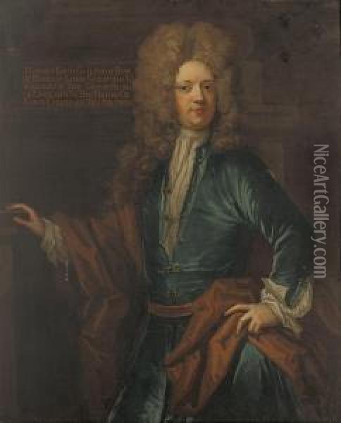 Portrait Of Francis, 2nd Lord 
Guilford (1673-1729),three-quarter-length, In A Blue Velvet Coat With 
Jewelledfastenings, And An Ochre Wrap, Before A Column Oil Painting - Johann Closterman
