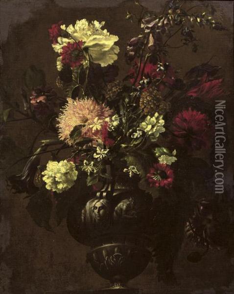 Tulips, Carnations And Other Flowers In A Sculpted Vase Oil Painting - Mario Nuzzi Mario Dei Fiori