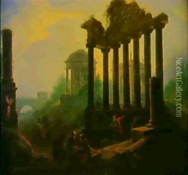Ideale Landschaft Mit Romischen Ruinen, Einem Rundtempel    Und Figuren Oil Painting - Vinzenz Fischer