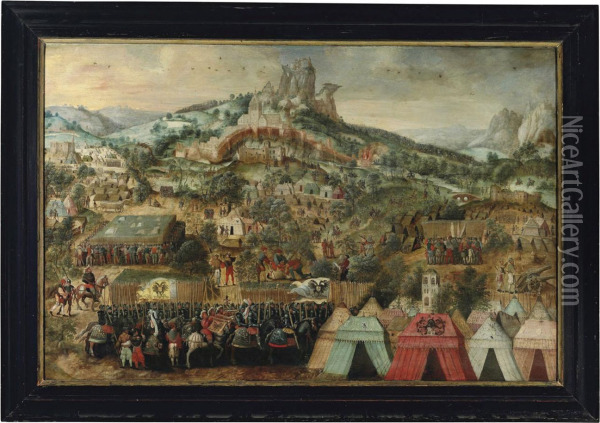 A Siege At Therouanne, With An Army Led By Charles V Encamped Below The City Oil Painting - Herri met de Bles