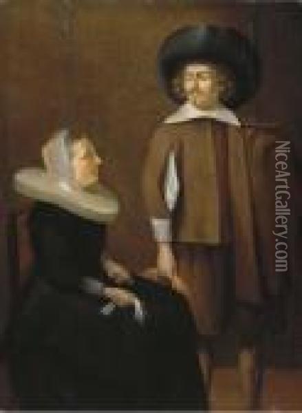 An Elegant Couple In An Interior Oil Painting - Pieter Codde