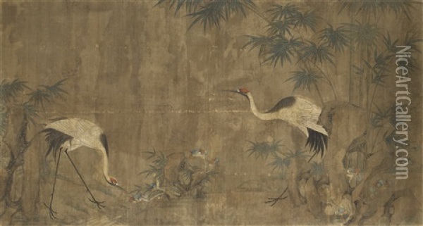 Cranes, Bamboo And Lingzhi Fungus By Rocks Oil Painting -  Zou Yigui