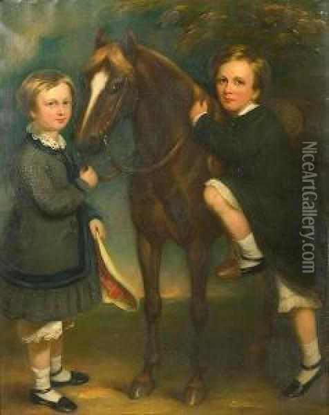 A Portrait Of Two Children With A Pony Oil Painting - Margaret Sarah Carpenter