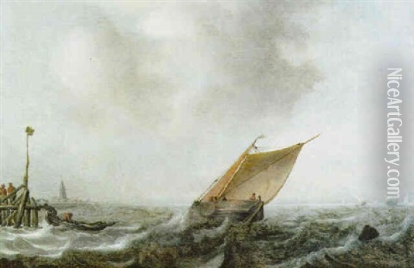 Ein Segelboot Auf Bewegter See Vor Der Kueste Oil Painting - Arnoldus van Anthonissen