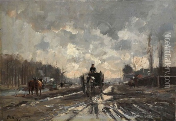 Work Horses By The Canal Oil Painting - Maurice Hagemans