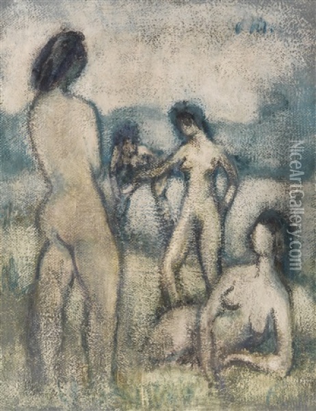 Vier Badende (stehende Und Liegende Weibliche Akte, Badende, Vier Lebensgrose Akte Auf Der Wiese) Oil Painting - Otto Mueller