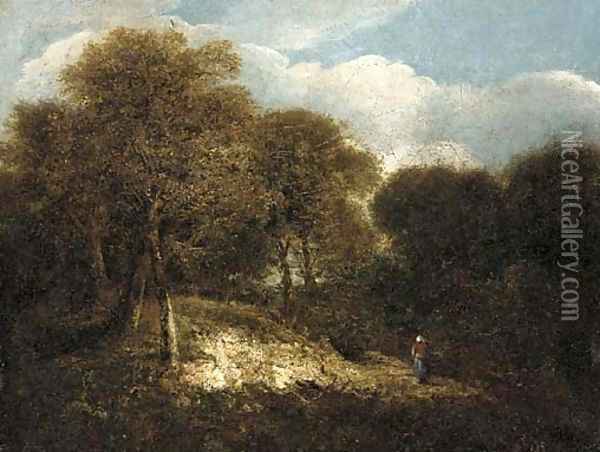 Figures on a path in a wooded landscape Oil Painting - Norwegian School
