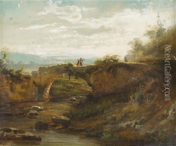 Paar Auf Steinbrucke In Landschaft Blickend Oil Painting - Ferdinand Joseph Bernard Marinus