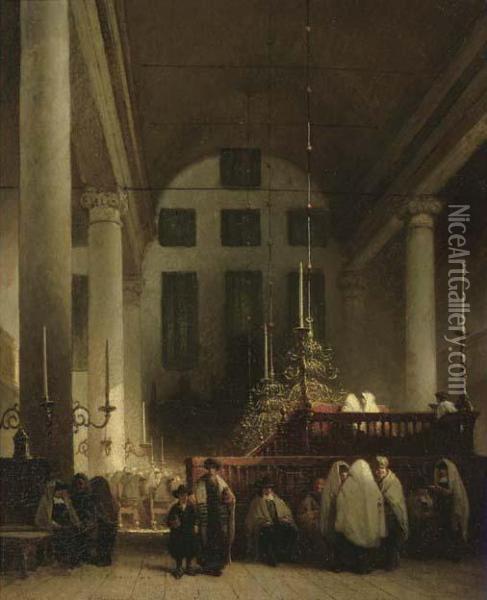 Synagogue Des Juifs Portugais A Amsterdam Oil Painting - Johannes Bosboom