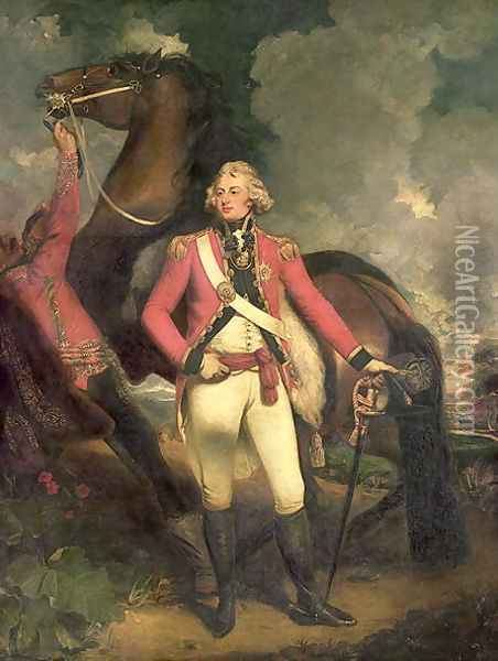 Portrait of HRH Frederick Augustus Duke of York in the uniform of the Colonel of the Coldstream Guards with charger held by a hussar Oil Painting - John Hoppner