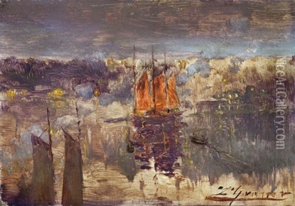 Harbor At Dusk Oil Painting - Luis Graner y Arrufi