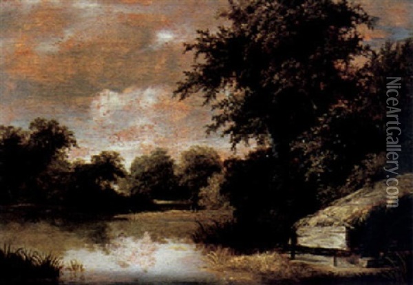 A Wooded River Landscape Oil Painting - Meindert Hobbema