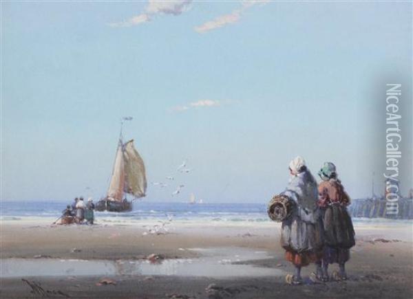 Dutch Fisherfolk On The Shore Oil Painting - William Knox