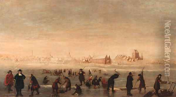 Kolfers, skaters and elegant townsfolk on a frozen waterway, a town beyond Oil Painting - Cornelis Beelt
