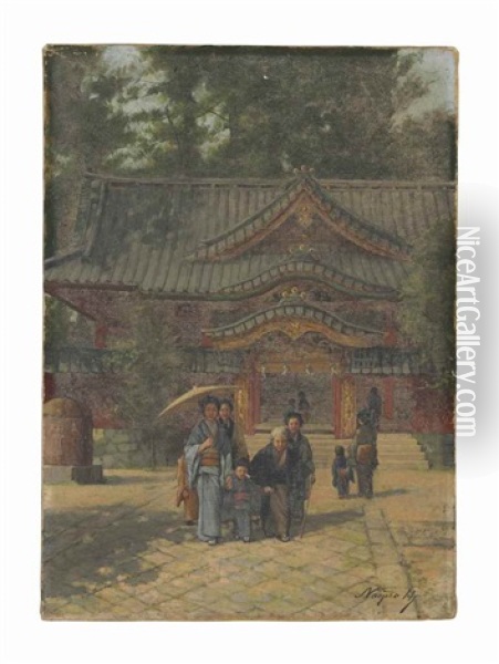 A Shrine Visit Oil Painting - Naojiro Harada