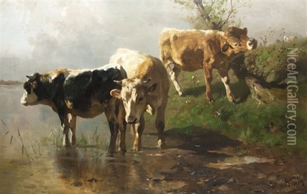 Kalber Am Ufer Oil Painting - Anton Braith