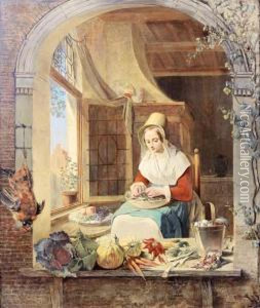 A Young Lady Shelling Peas In A Niche Oil Painting - Alexis van Hamme